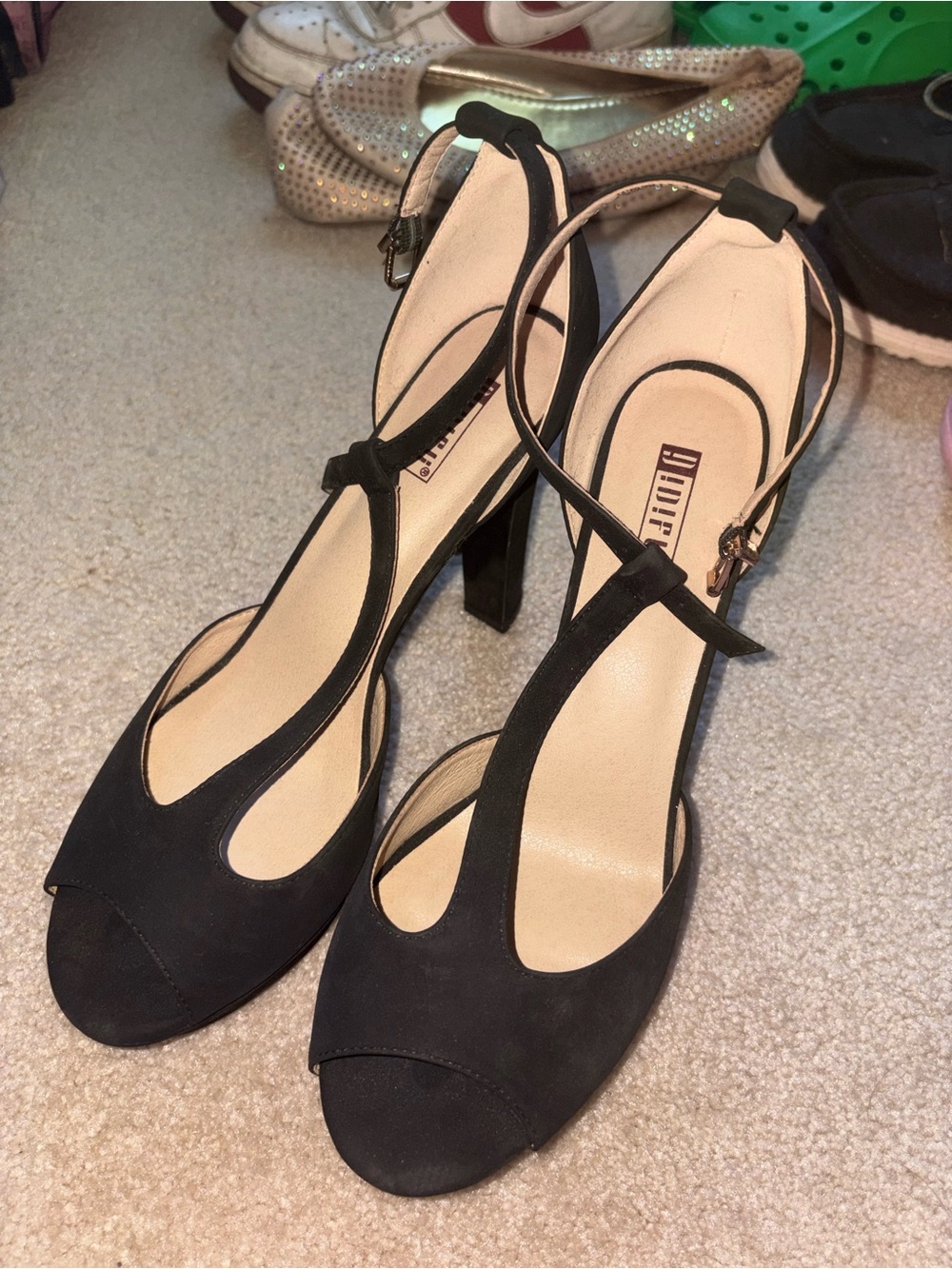 Black Suede T-Strap Block Heel Sandals